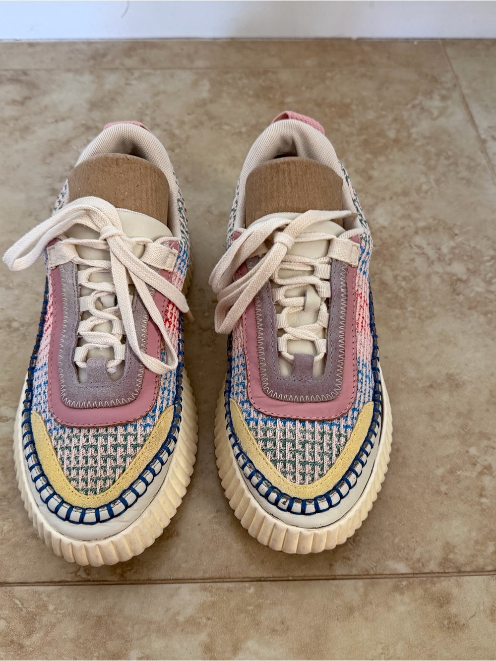 Dolce Vita Dolen Funfetti  Knit Platform Sneakers in Cream, Pink & Blue